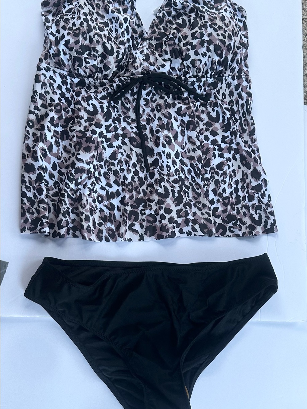 Leopard Print Tankini Top with Black Bikini Bottom